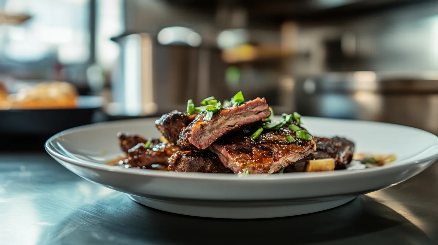 A plate of oven-baked boneless beef ribs with sides of mashed potatoes and coleslaw