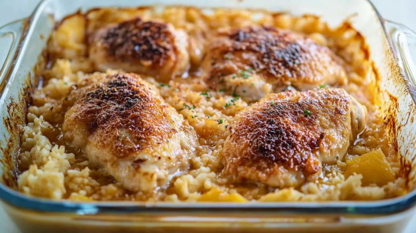 Close-up of a casserole dish filled with golden-brown baked chicken thighs over creamy rice, garnished with fresh herbs