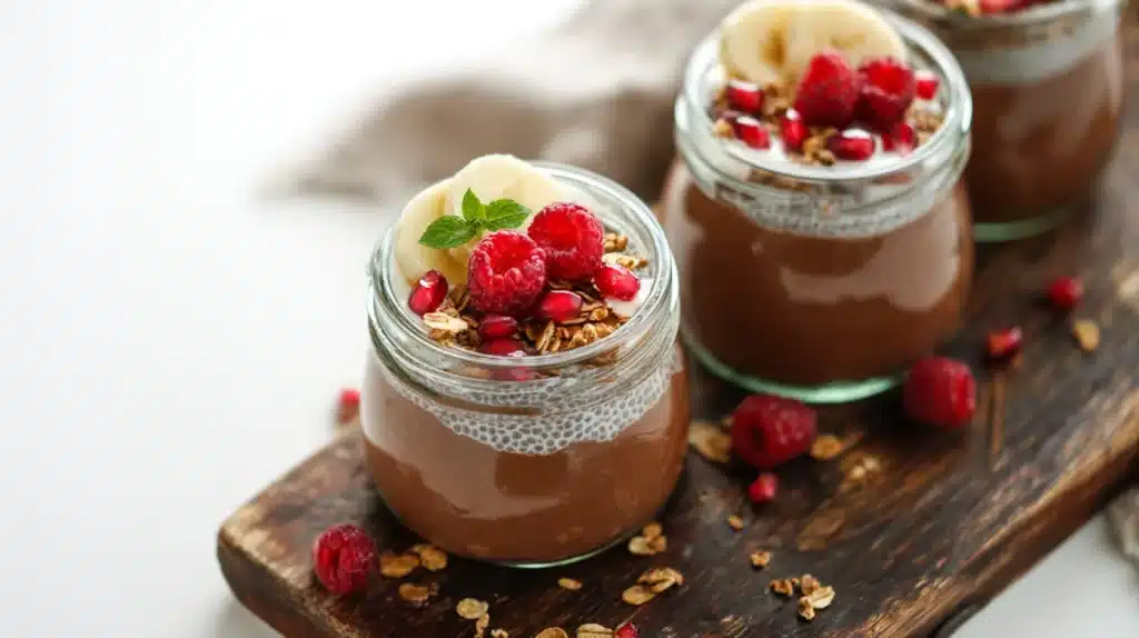 Chocolate chia pudding topped with banana and granola