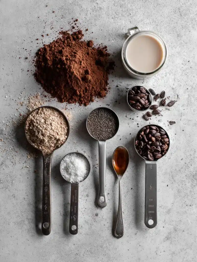 Chocolate chia pudding ingredients on kitchen counter