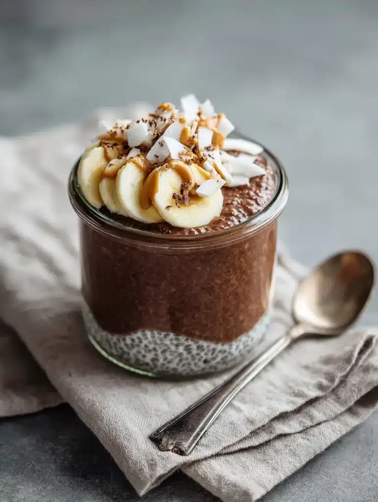 Chocolate chia pudding served with banana and almond butter
