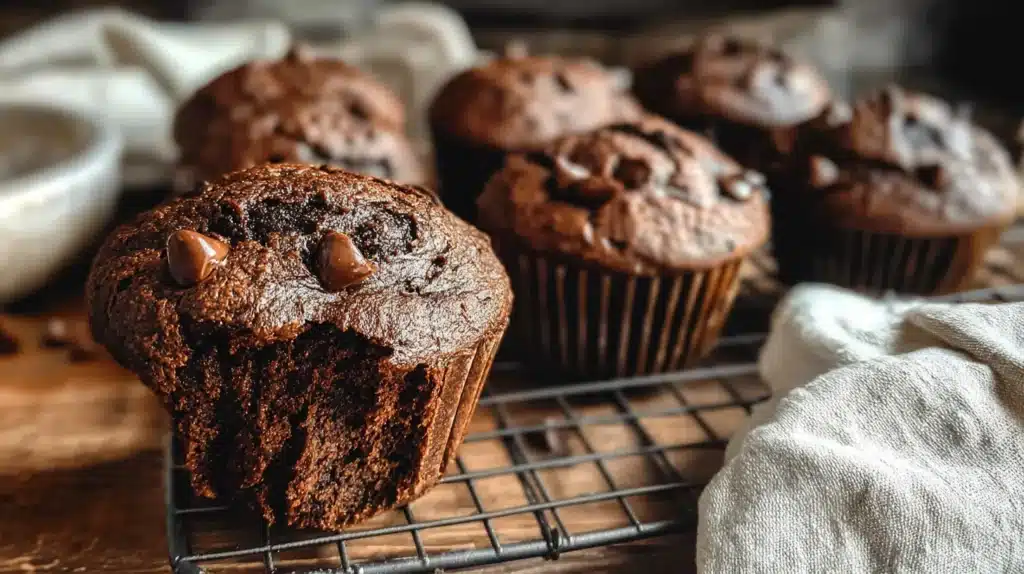 freshly baked chocolate peanut butter banana muffins on a wooden rack