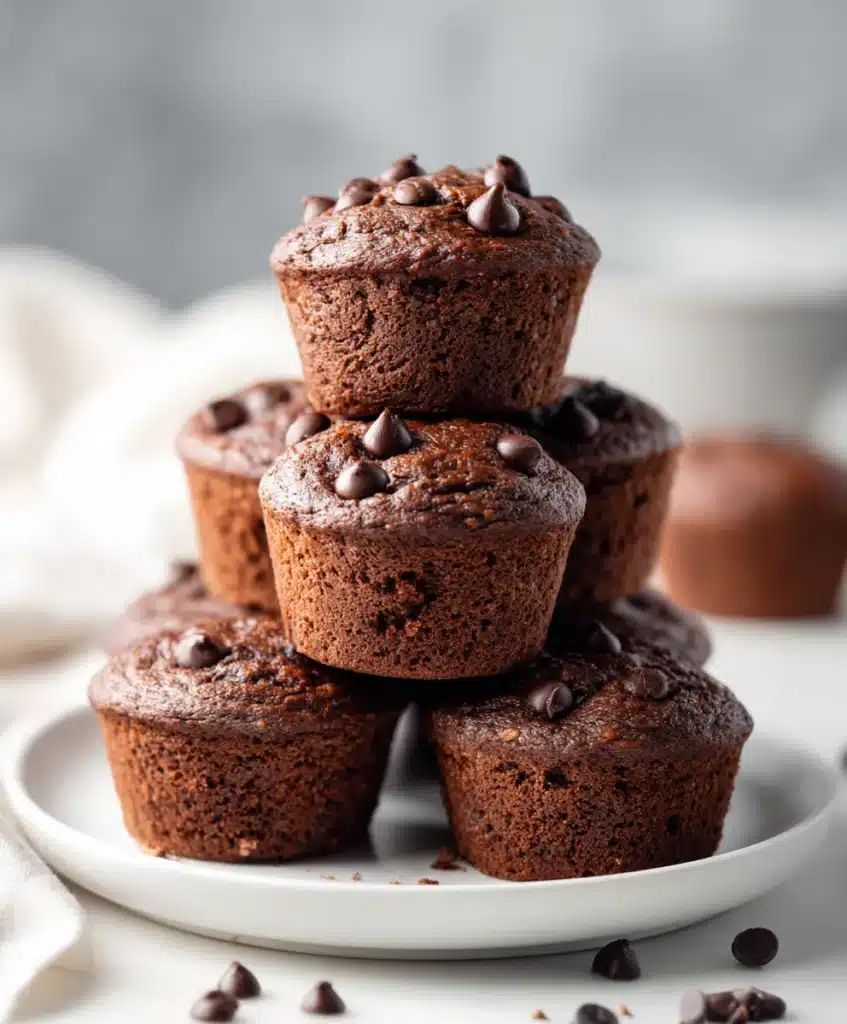 stack of homemade chocolate peanut butter banana muffins