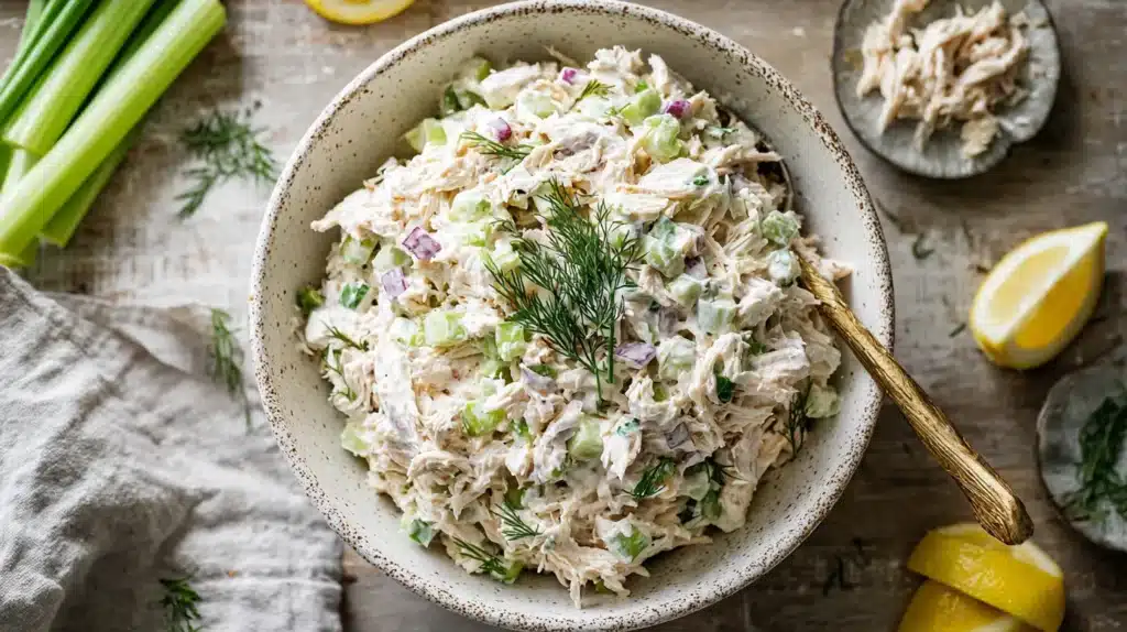 Cottage cheese chicken salad in rustic bowl with dill and lemon