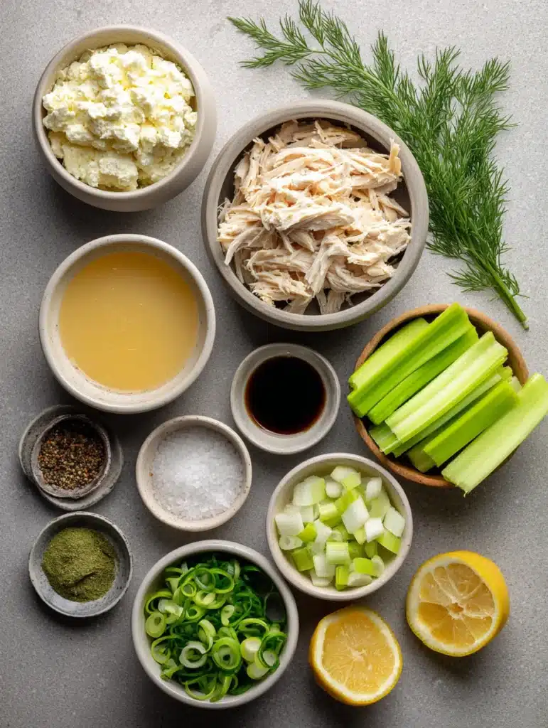 Cottage cheese chicken salad ingredients on marble