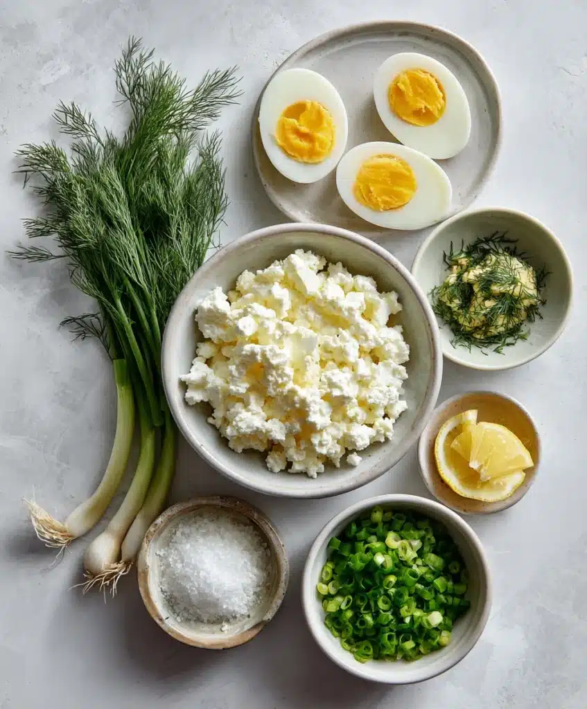Ingredients for cottage cheese egg salad flat lay