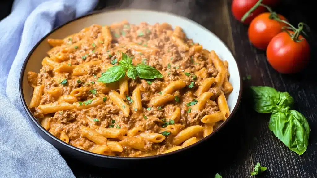 creamy beef pasta in bowl
