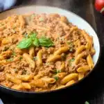 creamy beef pasta in bowl