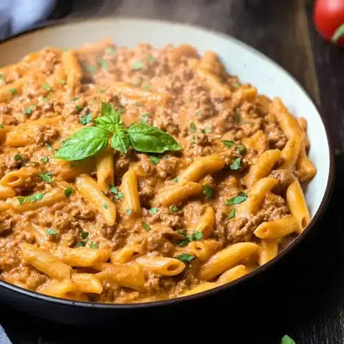 creamy beef pasta in bowl