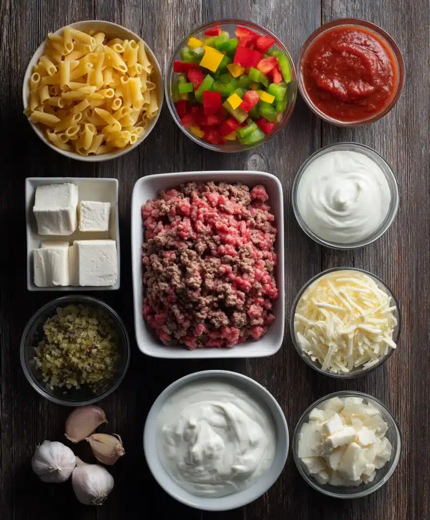 creamy beef pasta ingredients laid out