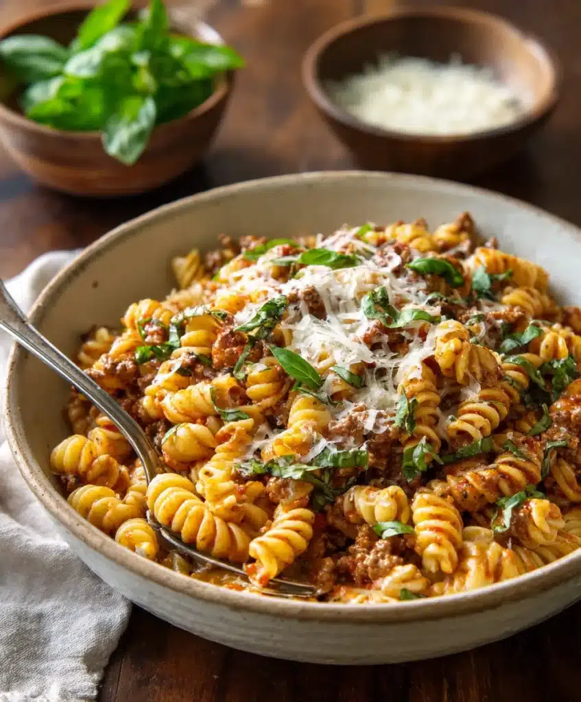 creamy beef pasta styled for recipe card