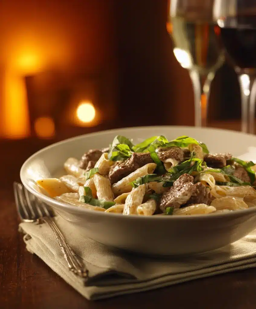 creamy beef pasta served with basil