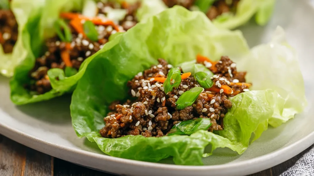 Ground beef lettuce wraps served in Bibb lettuce