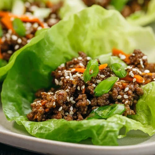 Ground beef lettuce wraps served in Bibb lettuce