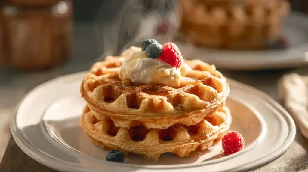 Stack of high protein waffles topped with yogurt and berries