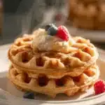 Stack of high protein waffles topped with yogurt and berries