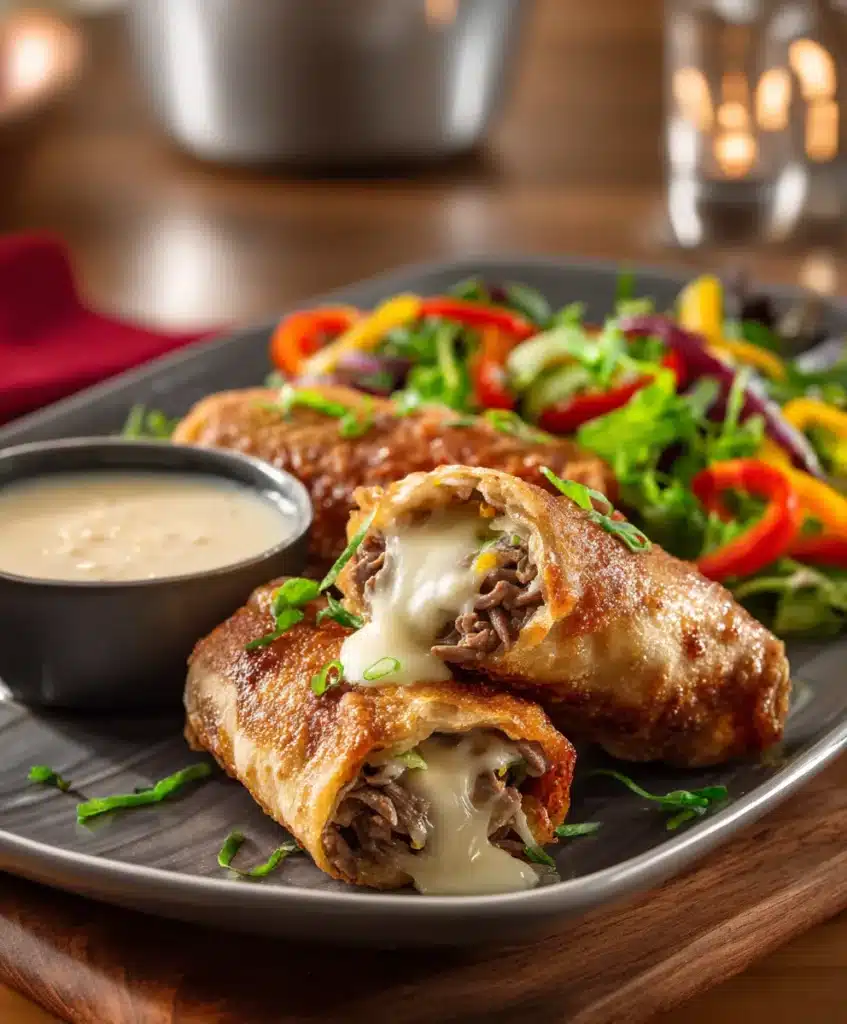 Plated keto Philly cheesesteak roll-ups