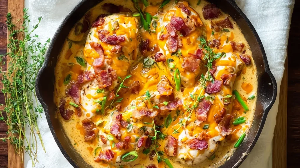 keto crack chicken in skillet with cheese and bacon
