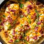 keto crack chicken in skillet with cheese and bacon