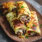 Keto Philly Cheesesteak Rolls on rustic board