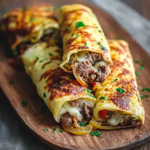 Keto Philly Cheesesteak Rolls on rustic board
