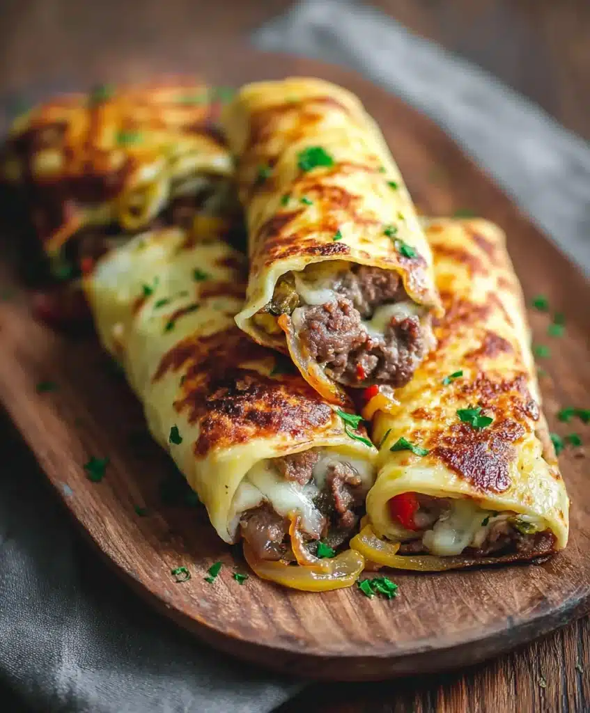 Keto Philly Cheesesteak Rolls on rustic board