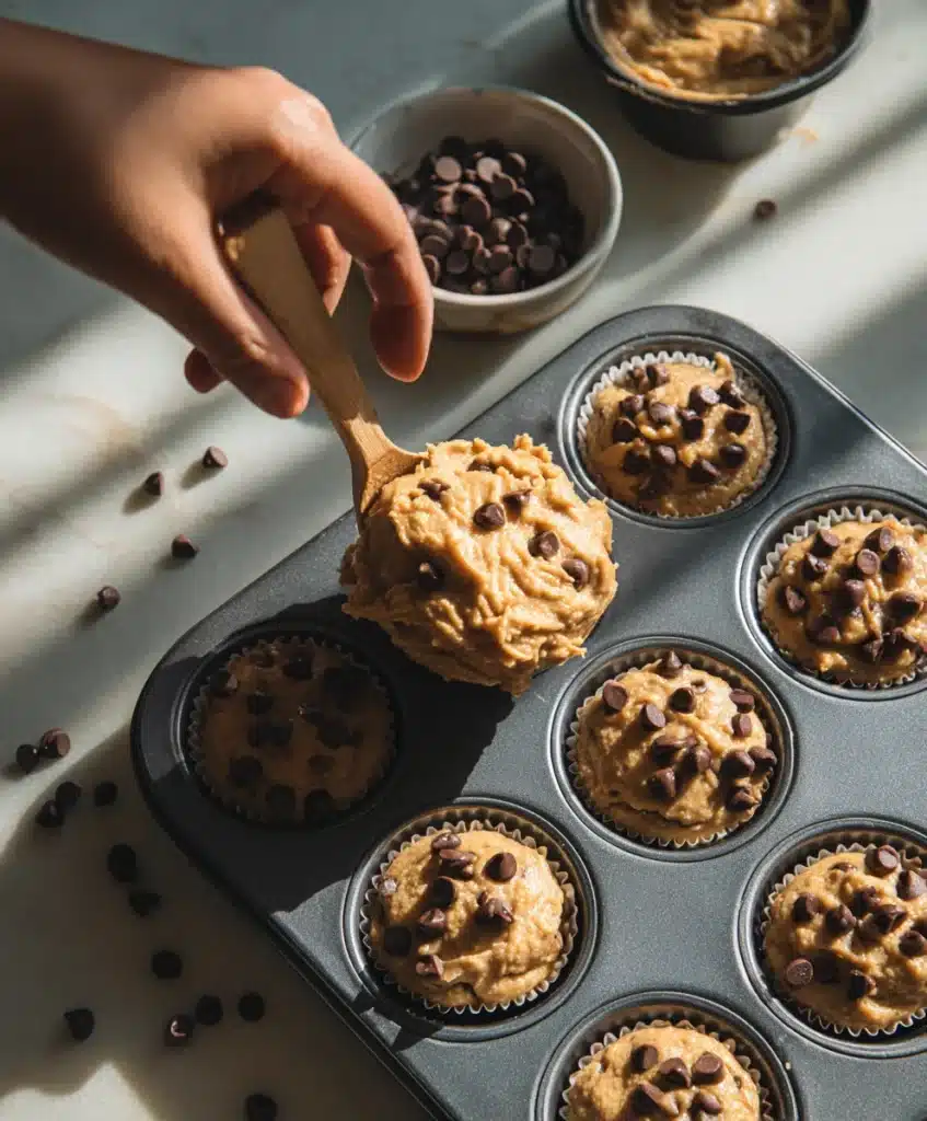 filling muffin tin with chocolate peanut butter banana muffin batte