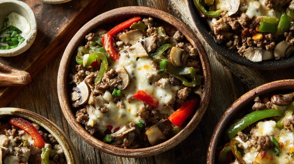 Philly Cheesesteak Bowls with provolone, peppers, and ground beef.