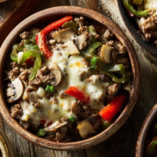 Philly Cheesesteak Bowls with provolone, peppers, and ground beef.