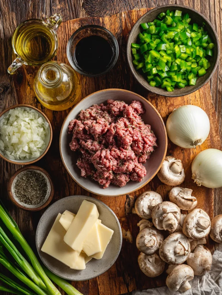 Ingredients for Philly Cheesesteak Bowls laid out on counter.