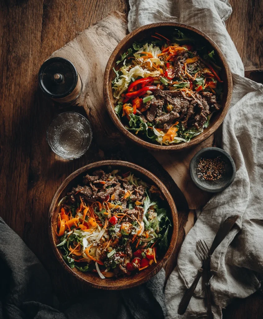 Philly Cheesesteak Bowls served with salad and napkin