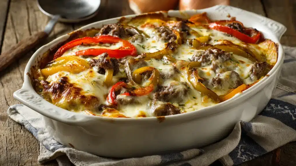 low carb Philly cheesesteak casserole hot from oven