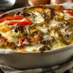 low carb Philly cheesesteak casserole hot from oven