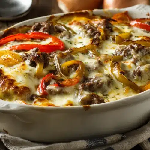 low carb Philly cheesesteak casserole hot from oven