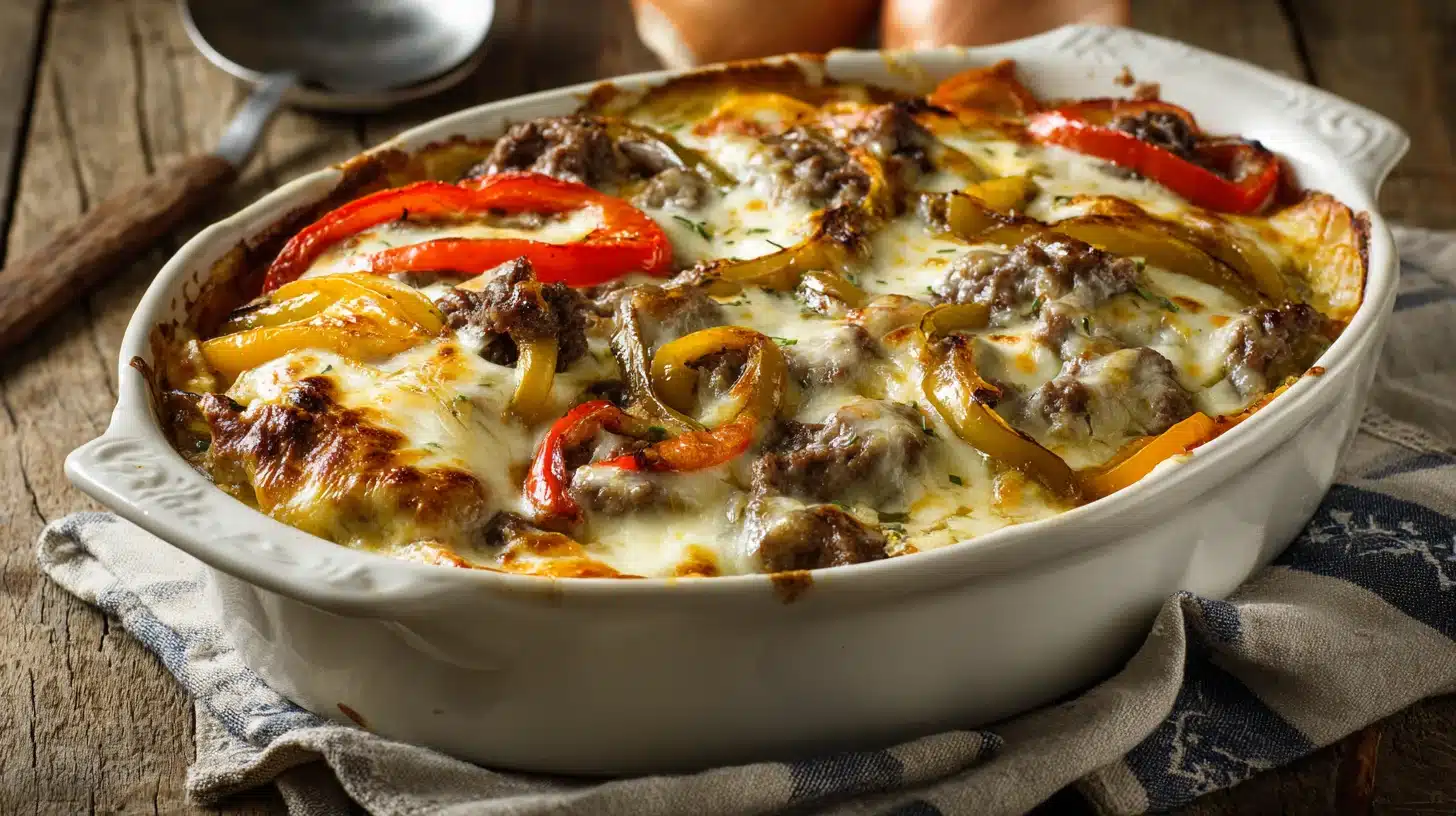 low carb Philly cheesesteak casserole hot from oven