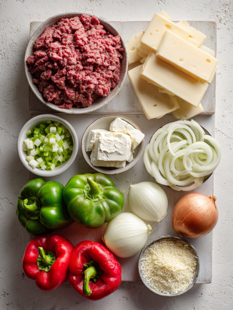 Philly cheesesteak casserole ingredients arranged on table