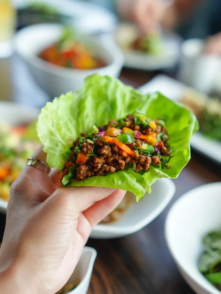 Hand holding ground beef lettuce wrap