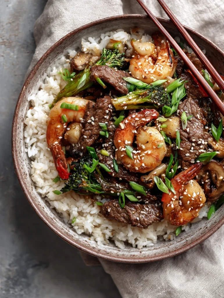 Bowl of steak and shrimp stir-fry with toppings
