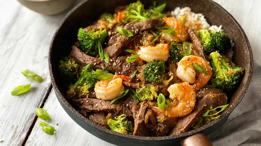 Steak and shrimp stir-fry in skillet with rice and broccol
