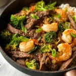 Steak and shrimp stir-fry in skillet with rice and broccol
