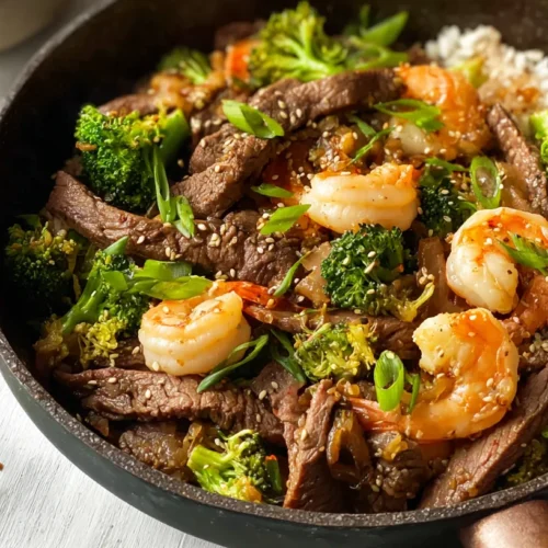 Steak and shrimp stir-fry in skillet with rice and broccol