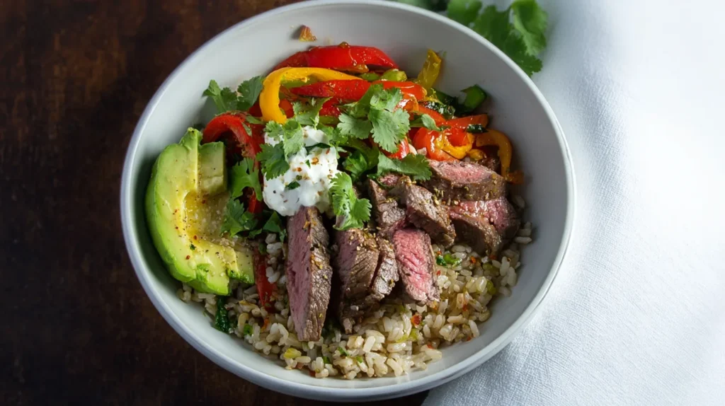 steak fajita bowl with peppers and ric
