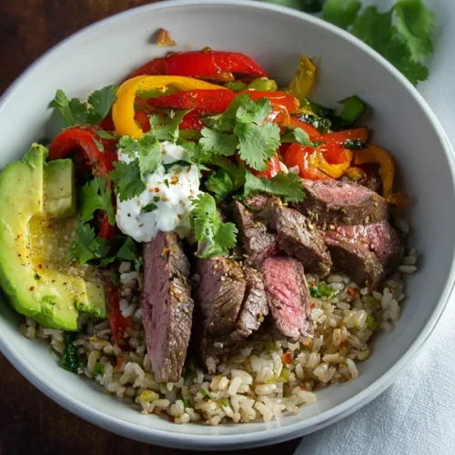 steak fajita bowl with peppers and ric