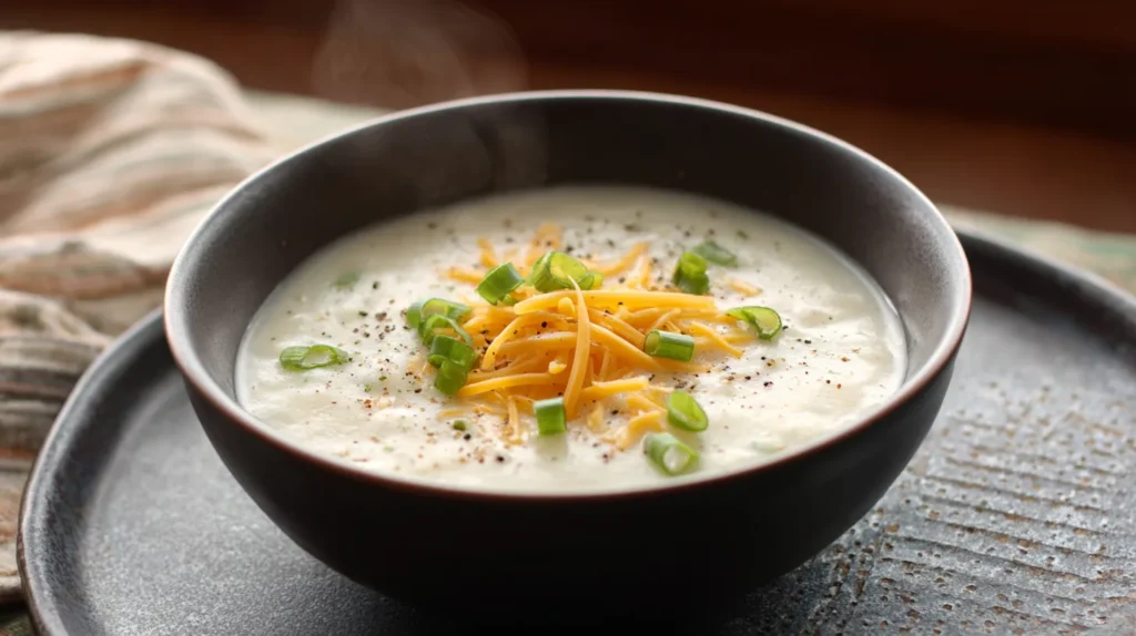 4 Ingredient Potato Soup in bowl topped with cheese and green onions