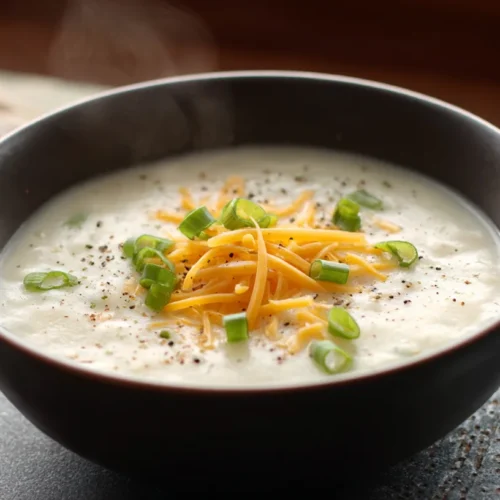4 Ingredient Potato Soup in bowl topped with cheese and green onions