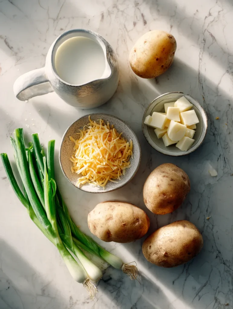Russet potatoes, milk, cheddar cheese, and green onions for potato soup