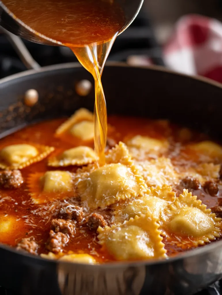 Ravioli being added to soup pot
