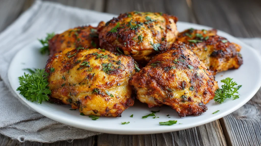 Crispy air fryer boneless skinless chicken thighs on plate