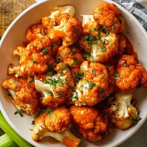 Air fryer buffalo cauliflower in a bowl