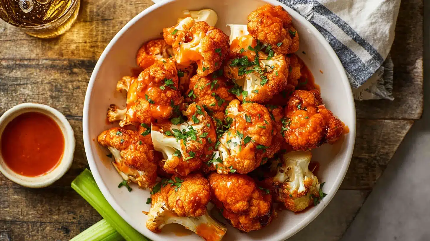 Air fryer buffalo cauliflower in a bowl